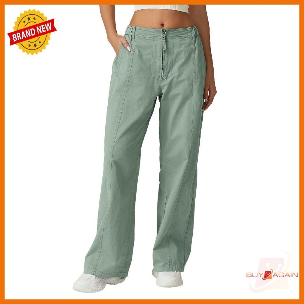 High Waist Wide Leg Cargo Palazzo Pants Zip Front Cotton Casual